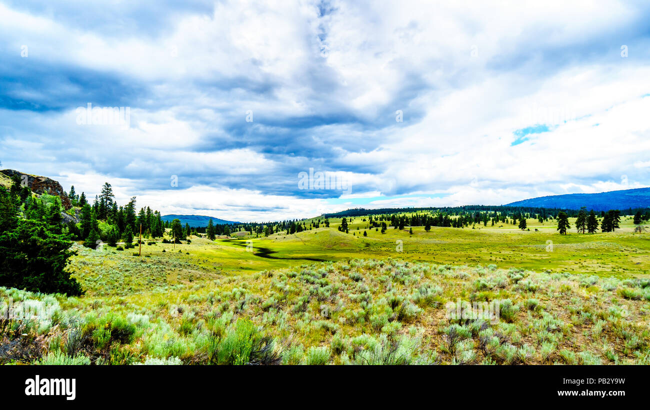 Des nuages sombres qui pèsent sur les terres fertiles et de collines le long de la route 5A près de Nicola Lake, entre Kamloops et Merritt dans la région de Okanagen Banque D'Images