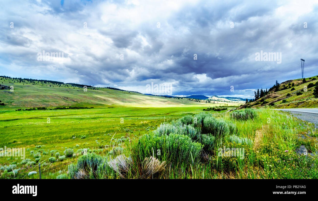 Des nuages sombres qui pèsent sur les terres fertiles et de collines le long de la route 5A près de Nicola Lake, entre Kamloops et Merritt dans la région de Okanagen Banque D'Images