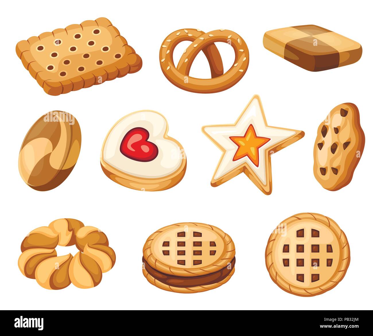 Biscuit et biscuit icon collection. Télévision couleur vector cookies définis. Cercle, étoile, sandwich, une forme différente. Vector illustration isolé sur blanc b Illustration de Vecteur