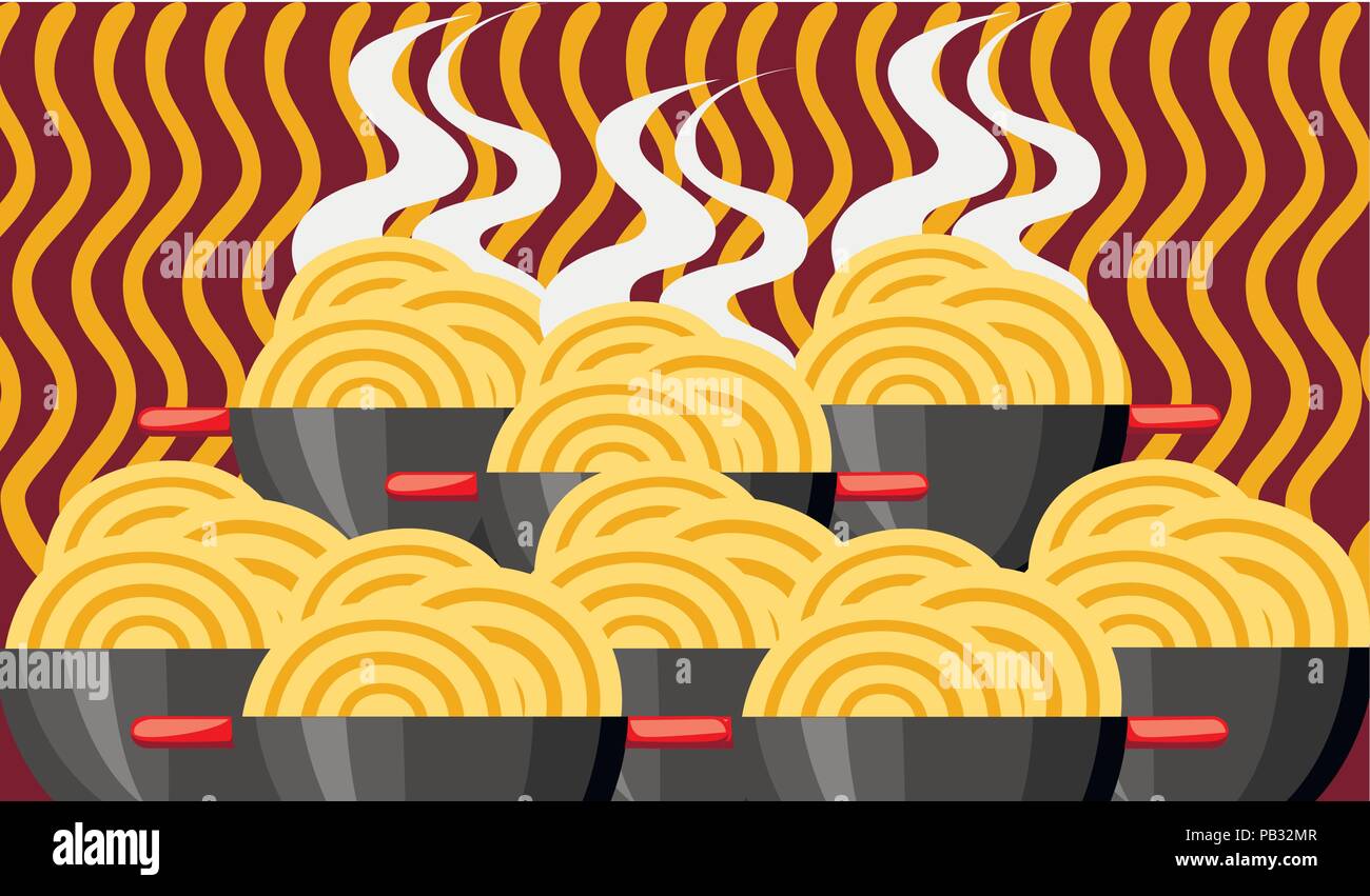 Bol à nouilles ramen. Coréen, Japonais, Chinois. Bol noir avec poignée rouge. Grand groupe de boules avec des nouilles. Télévision vector illustration sur le texte Illustration de Vecteur