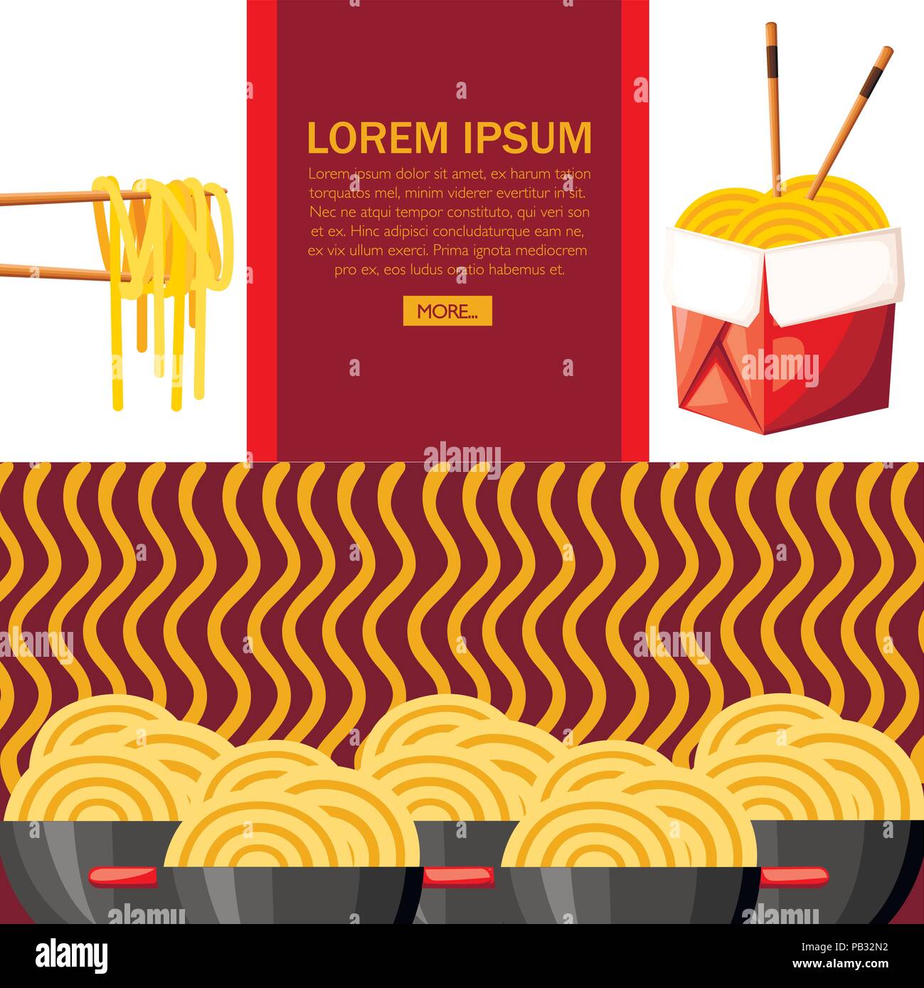 Boîte rouge avec des nouilles ramen. La cuisine asiatique. Bol noir avec poignée rouge. Grand groupe de boules avec des nouilles. Télévision vector illustration sur fond texturé. Illustration de Vecteur