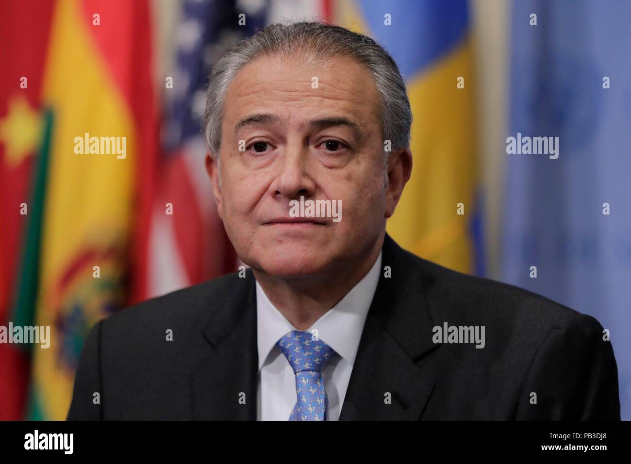 Organisation des Nations Unies, New York, USA, 26 juillet 2018 - Vice-président de la Colombie, Oscar Naranjo Trujillo Presser et réunion au Conseil de sécurité sur le processus de paix en Colombie aujourd'hui au siège des Nations Unies à New York. Photo : Luiz Rampelotto/EuropaNewswire | Conditions de crédit dans le monde entier : dpa photo alliance/Alamy Live News Banque D'Images