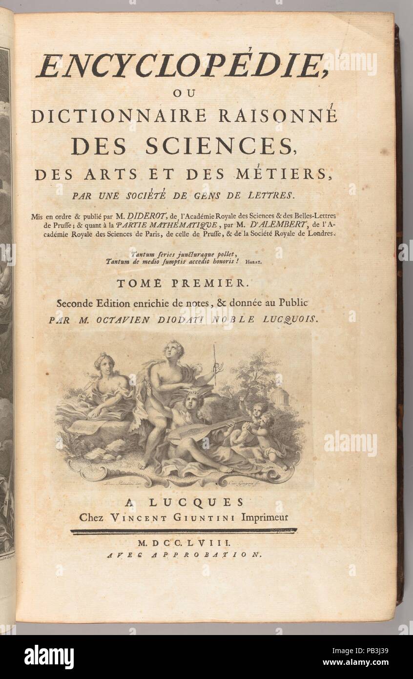 Encyclopédie, ou Dictionnaire raisonné des sciences, des arts et des métiers, par une société de gens de lettres. Auteur : Denis Diderot (Français, 1713-1784) ; Jean Le Rond d'Alembert (Français, 1717-1783) ; Ottaviano Diodati (italien, 1716-1786). Dimensions : 17 volumes, illustrations, taille : 16 9/16 in. (42 cm). Editeur : Vincenzo Through Darkness. Date : 1758-1771. Musée : Metropolitan Museum of Art, New York, USA. Banque D'Images