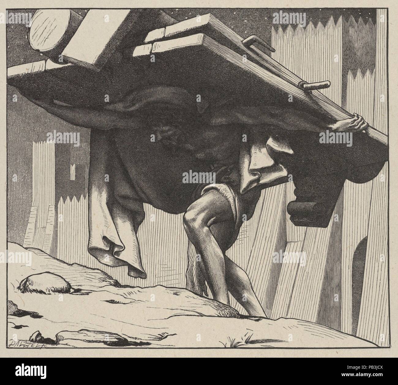 Samson portant la Bible des portes (Dalziels Gallery). Artiste : Frédéric, Lord Leighton (British, Scarborough 1830-1896 Londres) ; Dalziel Brothers (britannique, 1839-1893) active. Dimensions : Image : 6 × 9/16 7 3/8 in. (16,7 × 18,7 cm) Fiche technique de l'Inde 16:12 7/16 × 15/16 in. (41,7 × 32,9 cm) Mont : 16 7/16 po. × 12 15/16 in. (41,8 × 32,8 cm). Date : 1881. Musée : Metropolitan Museum of Art, New York, USA. Banque D'Images