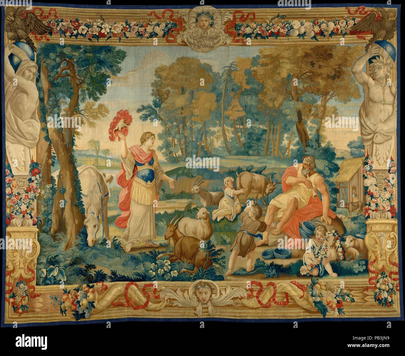 Erminia et le Berger (à partir d'un ensemble de scènes de Gerusalemme Liberata). Culture : L'Italien, Rome. Designer : Conçu par Domenico Paradisi (Italien, actif 1689-1721). Dimensions : H. 143 x 180 cm (W. 363,2 x 457,2 cm). Manufacture : fabriqués par l'atelier de San Michele. Directeur de l'atelier : Pietro Ferloni (Italien, actif 1717-70). Date : conçu ca. 1689-93 1732-39, tissés. Commandé par le cardinal Pietro Ottoboni, un arrière petit-neveu du Pape Alexandre VIII, cela faisait partie d'une série massive, héroïques dans l'échelle ainsi que le récit, de quinze tapisseries représentant la version romancée de la Banque D'Images