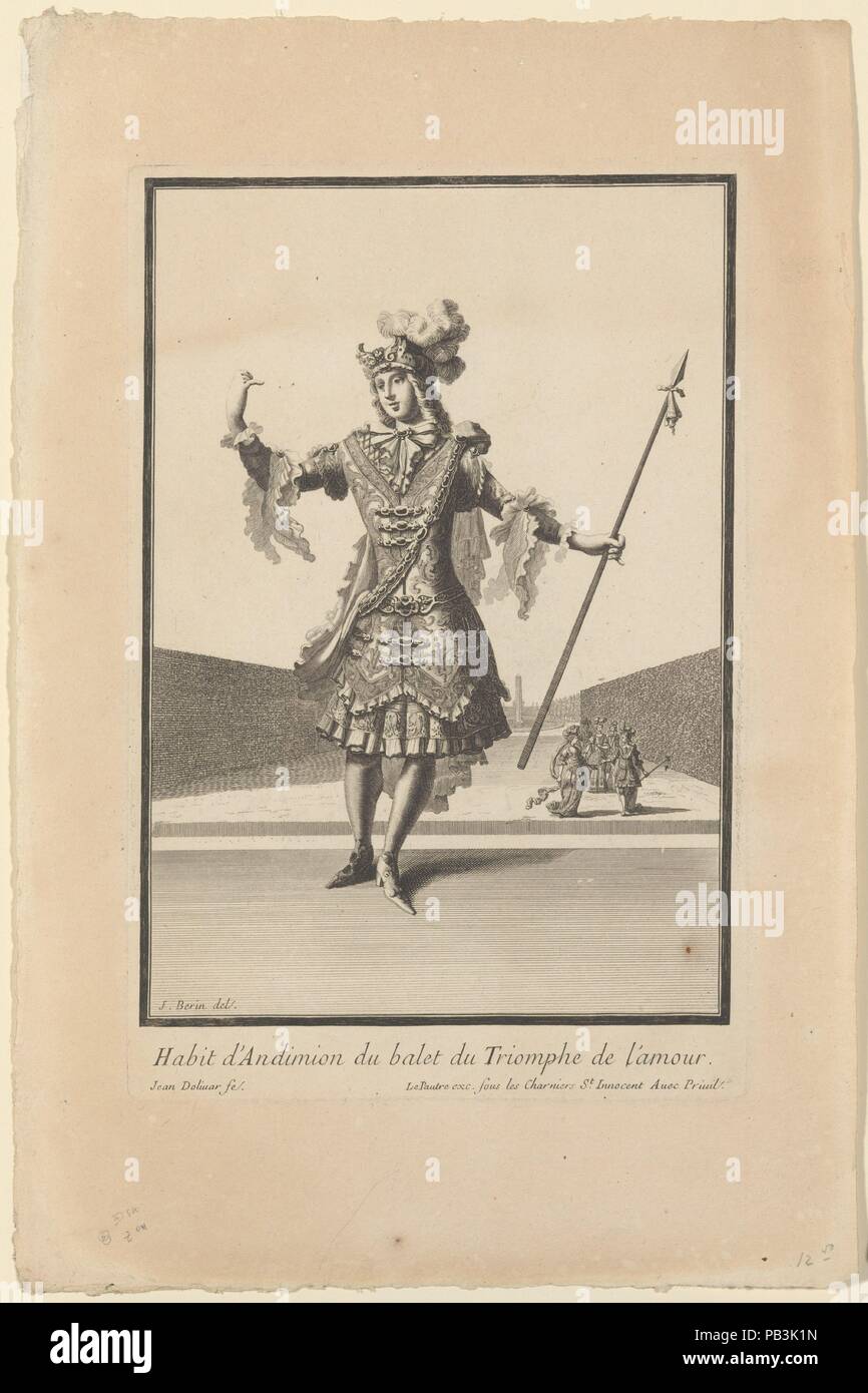 Costume d'Endymion du ballet 'Triomphe de l'amour' (habitude d'Andimion du balet du 'Triomphe de l'amour). Artiste : Après Jean Bérain (Français, Saint-Mihiel 1640-1711 Paris) ; Juan Dolivar (Espagnol, Saragosse 1641-1692 Paris). Dimensions : Plateau : 11 3/4 × 7 13/16 in. (29,8 × 19,8 cm) feuille : 15 15/16 x 10 5/8 in. (40,5 x 27 cm). Imprimante : Imprimé par Jacques LePautre (Français, ca. 1653-ca. 1684). Date : ca. 1681. La gravure d'un dessin pour un costume pour Endymion, partie de la collection de dessins de costumes pour le ballet "Triomphe de l'amour" (triomphe de l'amour), créé par Juan Dolivar et p Banque D'Images