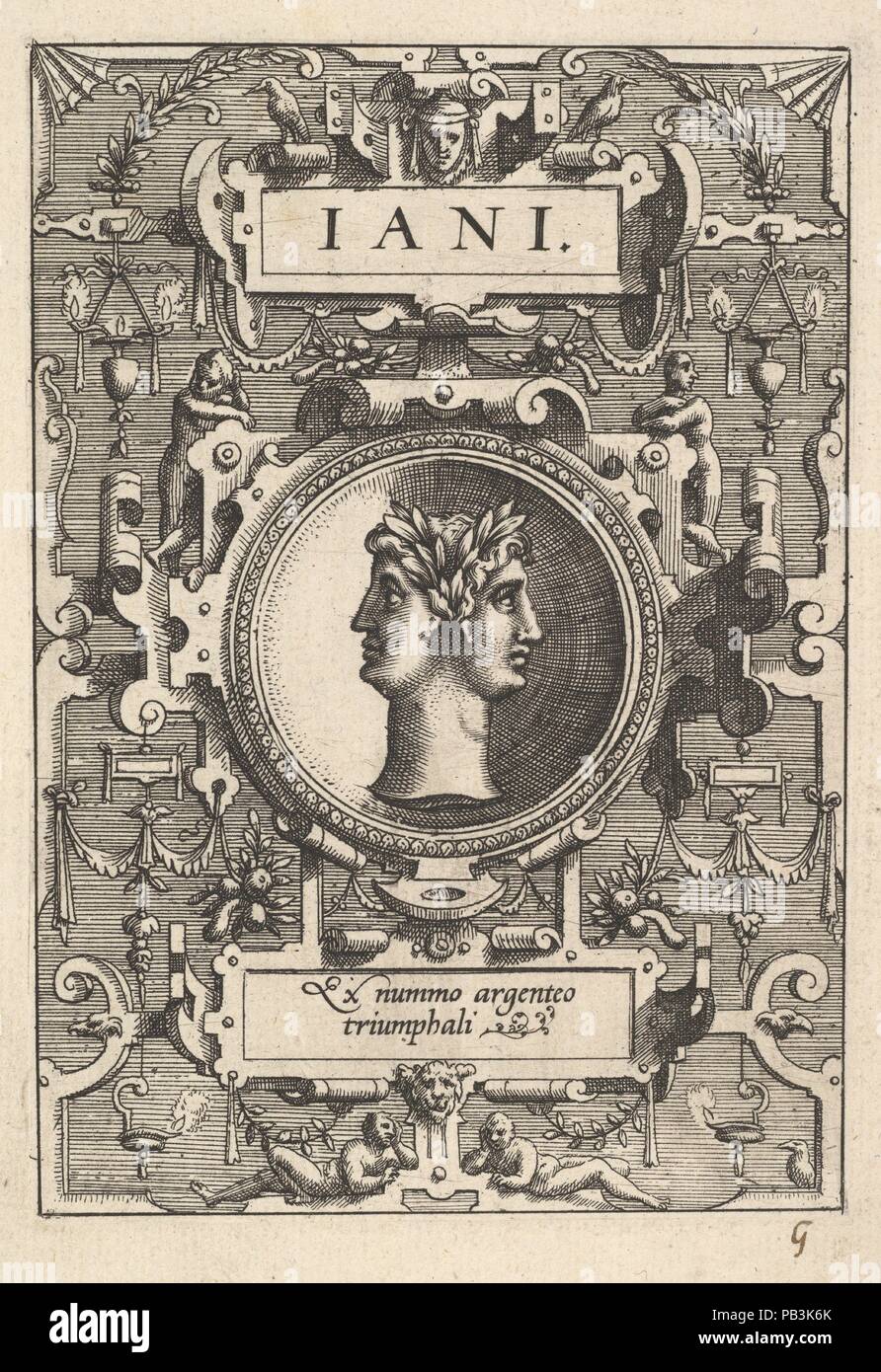 Buste de Janus entouré par strapwork, de la série 'Deorum dearumque", un ensemble d'images de divinités après les pièces de la collection d'Abraham Ortelius. Artiste : Johannes van Doetecum l'ancien (active, Russisch 1554-ca. 1600, décédé 1605) ; Lucas van Doetecum (active, Russisch 1554-72, est mort avant 1589) ; peut-être après Gerard Van Groeningen (active, Russisch Anvers, 1563-73) ; éventuellement après Hans Vredeman de Vries (Leeuwarden, Russisch 1527-1606 ( ?) Anvers ( ?)). Dimensions : plaque : 4 13/16 x 3 5/16 in. (12,2 x 8,4 cm) : Feuille 7 3/8 x 5 5/16 in. (18,7 x 13,5 cm). Editeur : Ph Banque D'Images