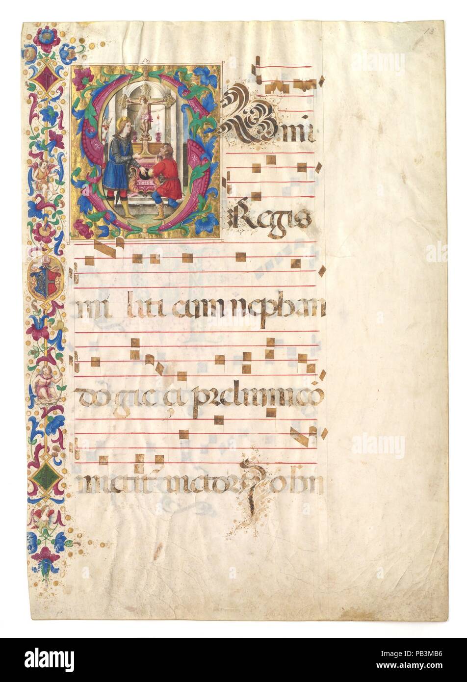 Feuille manuscrit avec saint Jean Gualbert dans une première S, d'un Antiphonary. Culture : l'italien. Dimensions : hors tout : 28 1/4 x 19 15/16 in. (71,7 x 50,6 cm) Eclairage : 8 1/8 x 6 15/16 in. (20,6 x 17,7 cm) discontinue ht : 2 1/16 in. (5,3 cm) portée : 2 interspace 1/16 in. (5,2 cm) taille : 37 x 28 1/8 in. (94 x 71,5 cm) Mat Fenêtre : 26 3/4 x 16 15/16 in. (68 x 43,1 cm). Date : début du 16ème siècle. Musée : Metropolitan Museum of Art, New York, USA. Banque D'Images