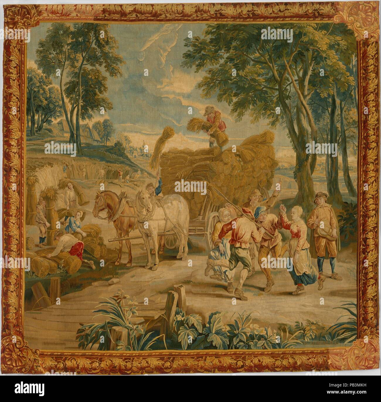 La récolte. Culture : flamand, Bruxelles. Dimensions : H. 110 x 114 cm 1/4 W. ; 280 x 289,6 cm (mesurée par la conservation des textiles en 1984). Bouilloire : Weaver : Urbanus Leyniers (flamande, 1674-1747) ; Weaver : Daniel Leyniers III (flamande, 1669-1728). Date : 1712-28. Représentant un groupe de paysans danser tandis que d'autres charger un chariot à foin, cette pièce appartenait à un ensemble de tapisseries genre inspiré librement par les peintures de David Teniers le Jeune (1610-1690). Au cours de la fin du xviie et début du xviiie siècles, les ateliers de Bruxelles a produit un grand nombre de ces soi-disant Teniers tapes Banque D'Images