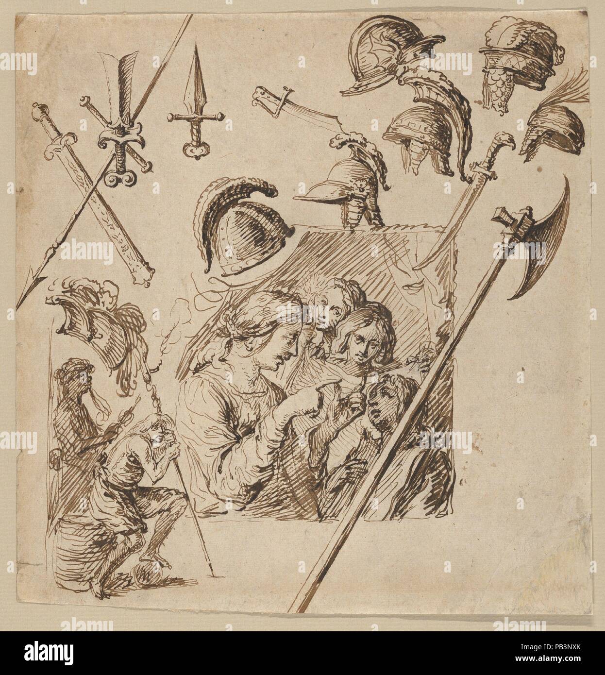 Feuille avec deux compositions de dessins et d'études de casques et d'armes. Artiste : Jacques de Gheyn II (Anvers, Russisch 1565-1629 La Haye). Fiche Technique : Dimensions : 7 1/2 x 7 1/8 in. (19 × 18,1 cm). Date : ca. 1620-29. Musée : Metropolitan Museum of Art, New York, USA. Banque D'Images