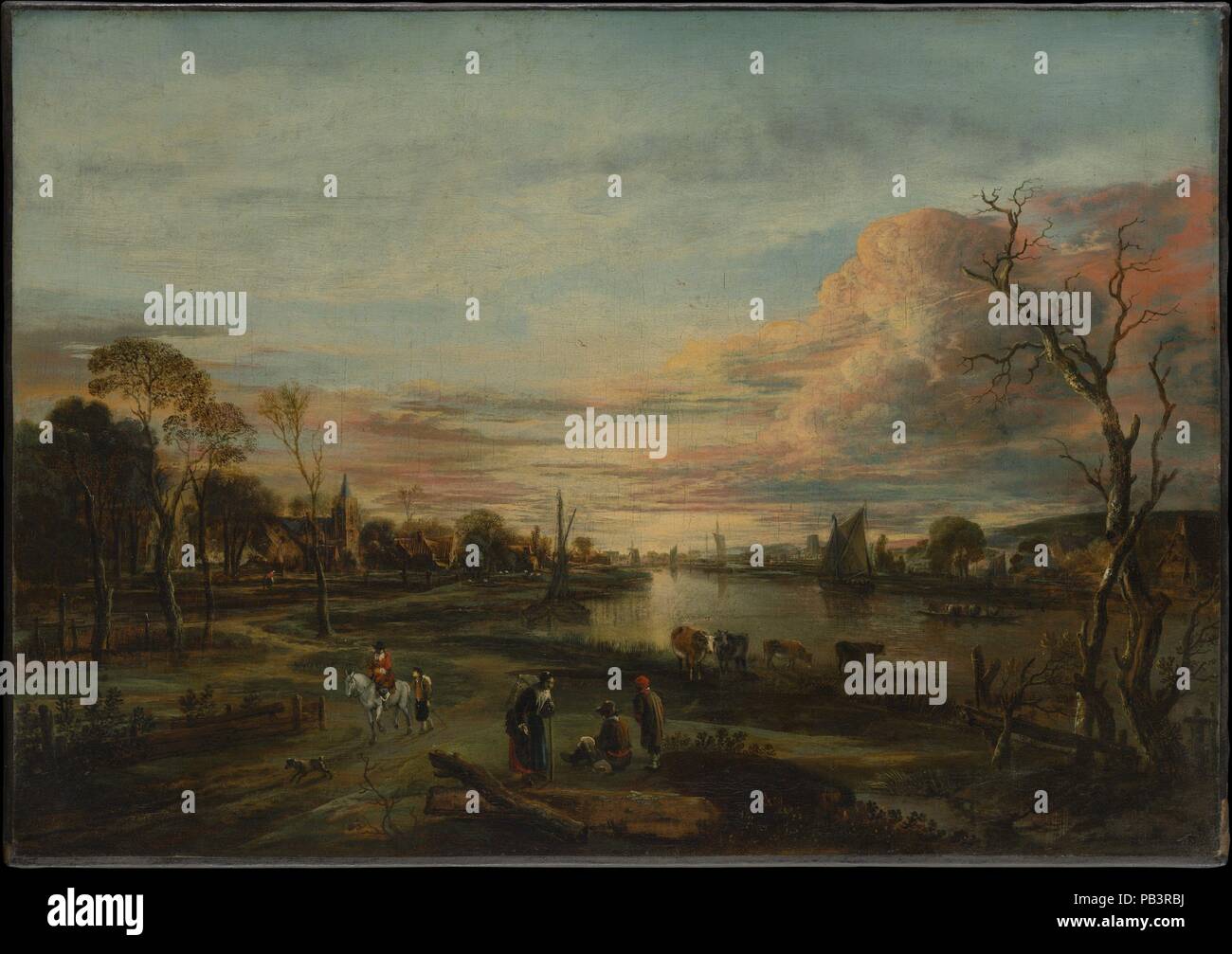 Au coucher du soleil. Artiste : Aert van der Neer (Néerlandais, Gorinchem 1603/4-1677 Amsterdam). Dimensions : 20 x 28 1/8 in. (50,8 x 71,4 cm). Date : années 1650. Un oeil vif pour les effets de lumière distingue les peintures de paysage de Aert van der Neer. Ici, l'artiste a tourné son attention vers le soleil au-dessus d'une rivière, avec rose et jaune lumineux brillamment nuages jeter leurs réflexions sur l'eau ci-dessous. Au premier plan, touristes de différentes classes sociales se déplacent le long d'une route serpentine qui attire l'oeil en arrière vers un village de la distance. Dans sa coloration et anecdotiques, détail, le pa Banque D'Images