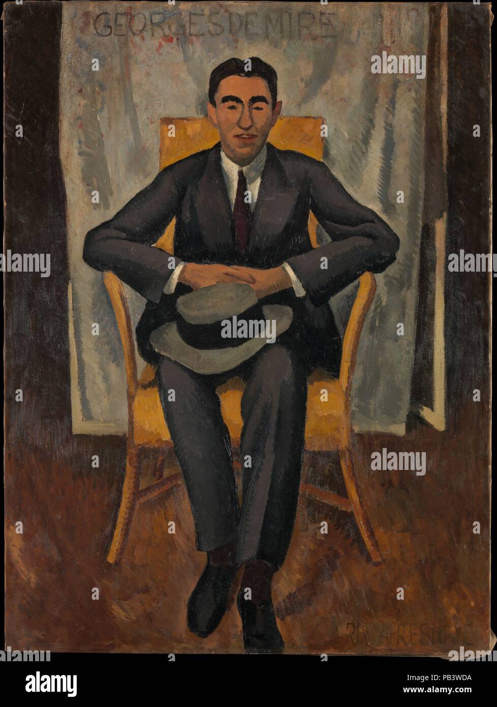 Georges de miré. Artiste : Roger de la Fresnaye (Français, Le Mans 1885-1925 Grasse). Dimensions : 51 1/2 x 38 1/2 in. (130,8 × 97,8 cm). Date : 1910. Dans ce portrait en pied de l'artiste et le cousin ami, Georges de Miré, La Fresnaye réduit les caractéristiques de la figure de détails essentiels seulement. Les lignes angulaires, et une gamme de couleurs limitée révèlent l'influence du Cubisme et anticiper sa participation à la Section d'Or, qu'il a rejoint en 1912. Musée : Metropolitan Museum of Art, New York, USA. Banque D'Images