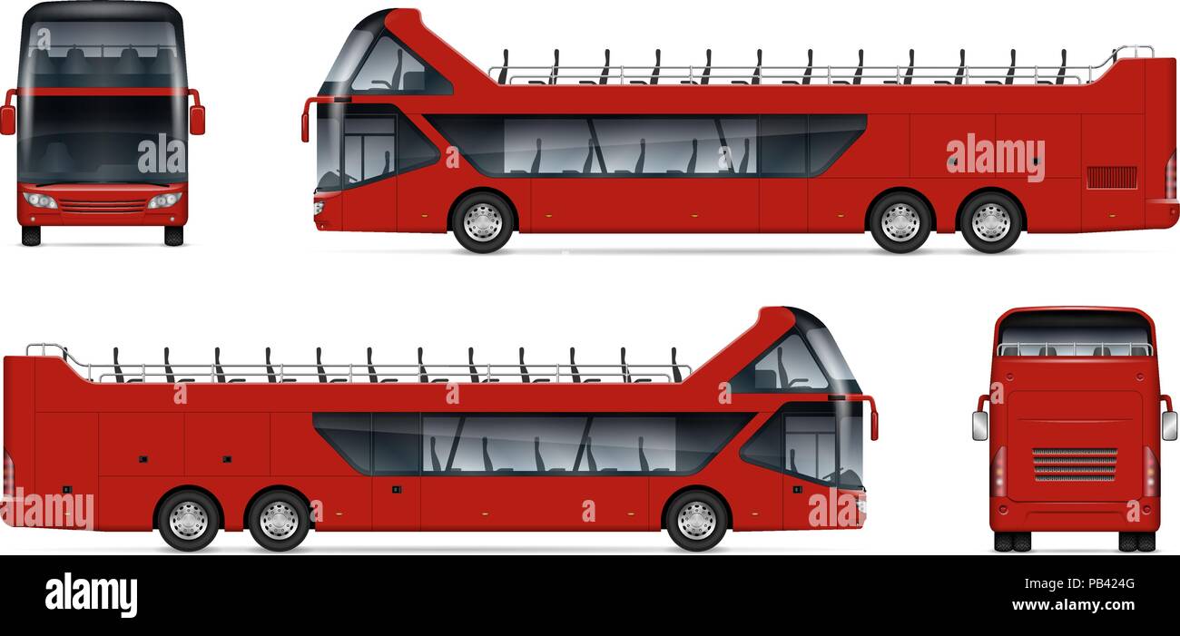Open tour bus maquette vectorielle sur fond blanc pour véhicule de marque, l'identité de l'entreprise. Voir d'un côté, avant, arrière. Facile à éditer et modifier les couleurs. Illustration de Vecteur