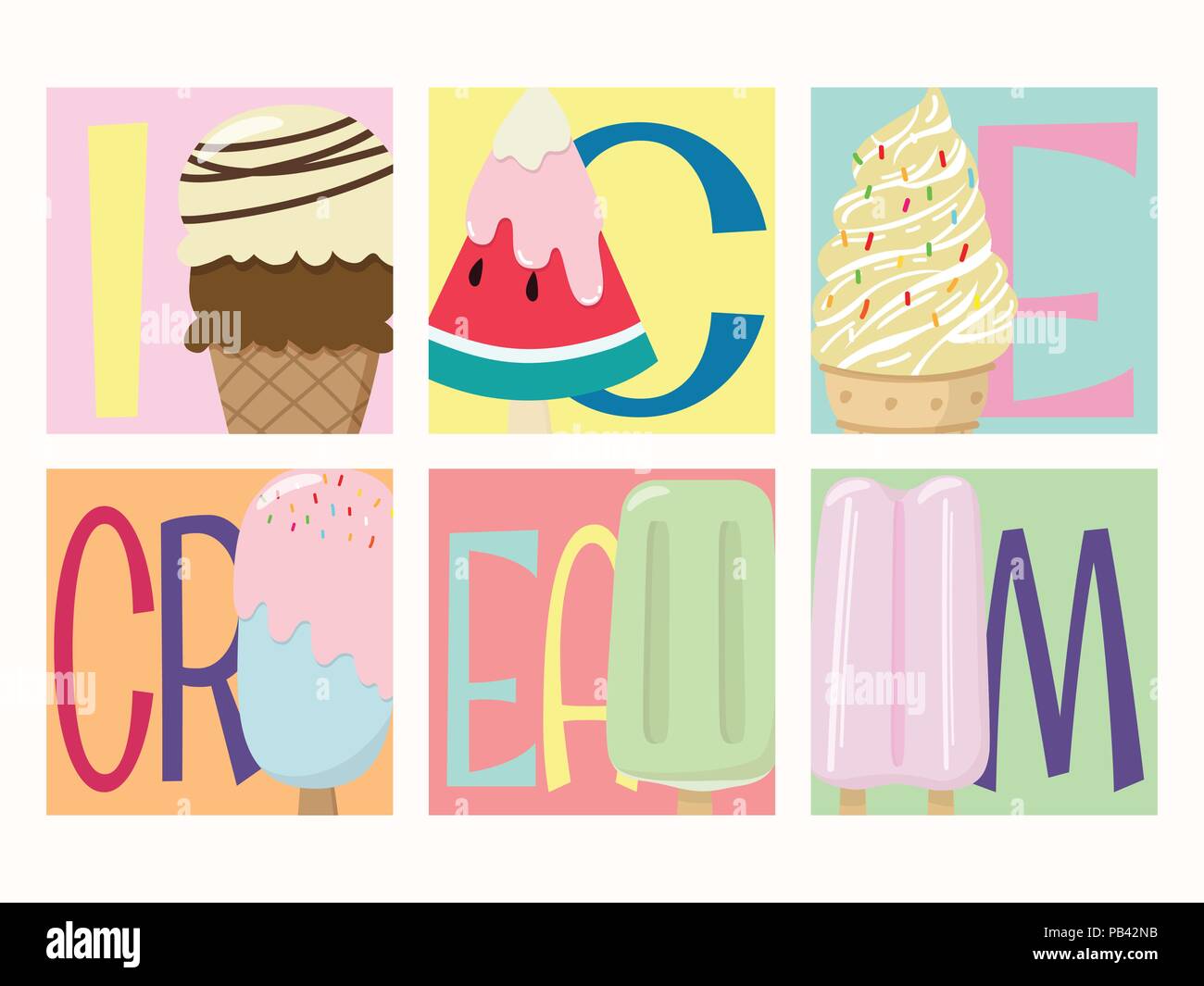 Ensemble de vecteur de création colorée savoureuse collection de crème glacée avec de nombreuses illustrations de saveur avec texte icecream isolé sur fond coloré Illustration de Vecteur