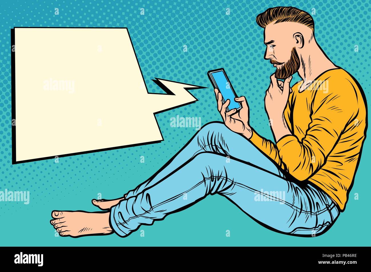 Hipster homme assis sur le sol et la lecture de smartphone Blackberry Illustration de Vecteur