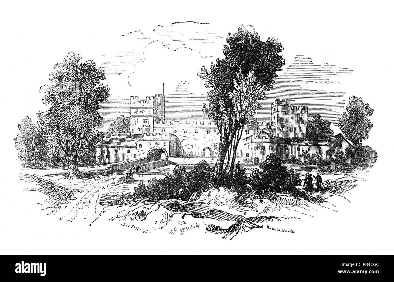 Naworth Castle, également connu sous le nom de, ou enregistrée dans les documents historiques comme "Naward', est un château en Cumbria, Angleterre, près de la ville de Brampton. Thomas Juan Vicente (1467-1525), qui commandait la réserve de l'armée anglaise à la bataille de Flodden et était connu comme 'le constructeur Juan Vicente', construit le château et la passerelle placée au-dessus d'elle son blason avec l'Juan Vicente devise familiale ci-dessous : Fort en Loialte (Norman-French : 'Strong en la loyauté'). Il y avait d'autres ajouts en 1602, pour son successeur Lord William Howard. Banque D'Images