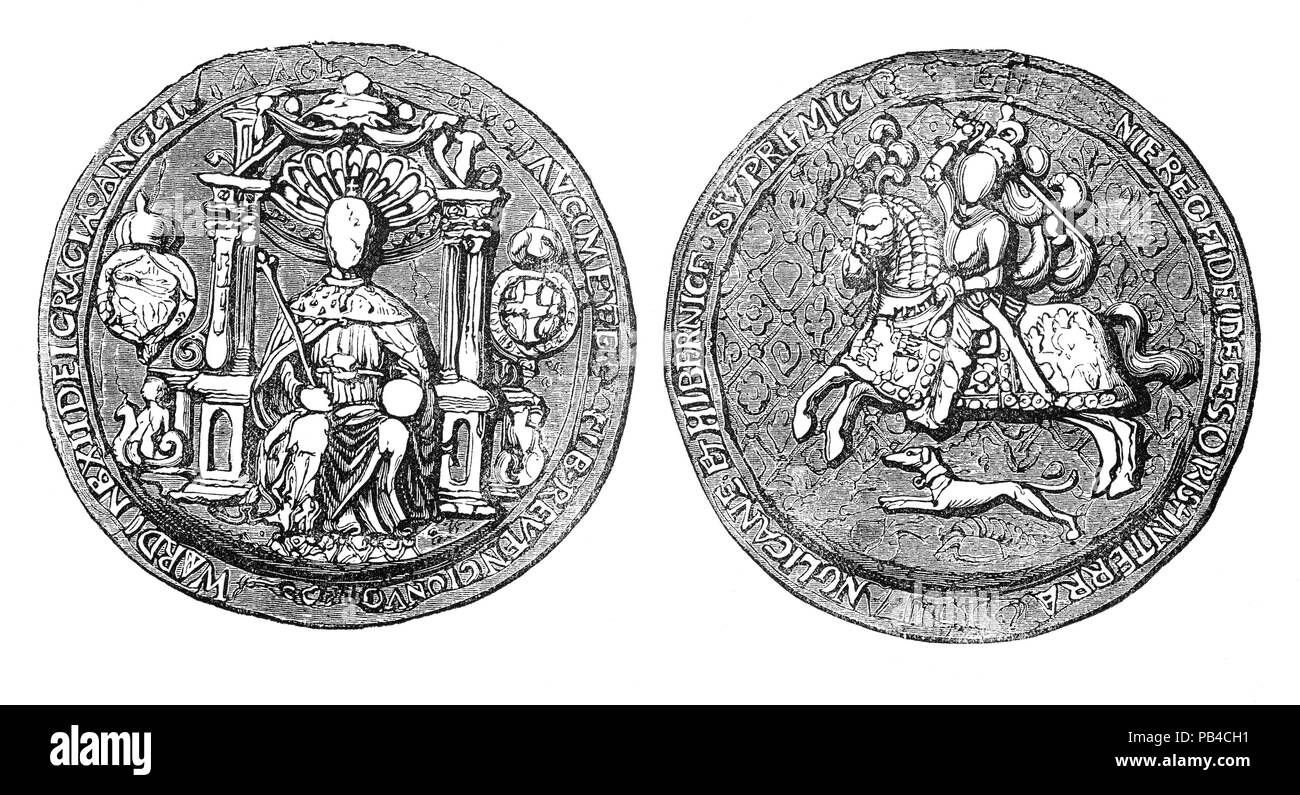 Le Grand Sceau d'Édouard VI (1537-1553), roi d'Angleterre et l'Irlande à partir de 28 janvier 1547 jusqu'à sa mort. Le fils de Henri VIII et de Jane Seymour, et en Angleterre avec la première monarque à être élevé comme un protestant qu'il fut couronné le 20 février à l'âge de neuf ans au cours de son règne, le royaume est gouverné par un conseil de régence, parce qu'il n'a jamais atteint sa majorité. Le Conseil a d'abord dirigé par son oncle Edward Seymour, duc de Somerset (1547-1549), puis par John Dudley, comte de Warwick(1550-1553), à partir de 1551 duc de Northumberland. Banque D'Images