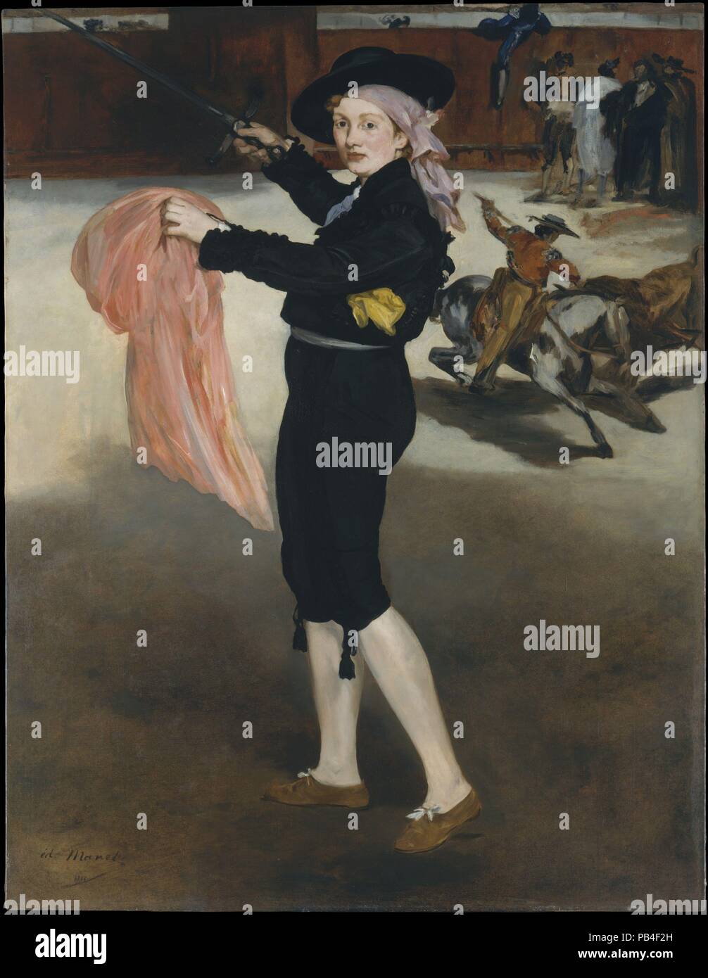 Mademoiselle C. . . Dans le costume d'un Espada. Artiste : Édouard Manet (français, Paris 1832-1883 Paris). Dimensions : 65 x 50 1/4 in. (165,1 x 127,6 cm). Date : 1862. Manet modèle représenté Victorine Meurent (1844-1928) sous l'apparence d'un homme  <i >espada </i >, ou matador, son emprunt posent d'une impression de la Renaissance. Victorine's shoes ne conviennent pas pour la tauromachie, et la cape rose qu'elle s'épanouit n'est pas la bonne teinte, mais elle enlève son rôle avec panache. La toile reproduit une scène de Goya's  <i >Tauromaquia </i > série, célébrant les exploits de toreros. Lorsque cette peinture a été expositio Banque D'Images