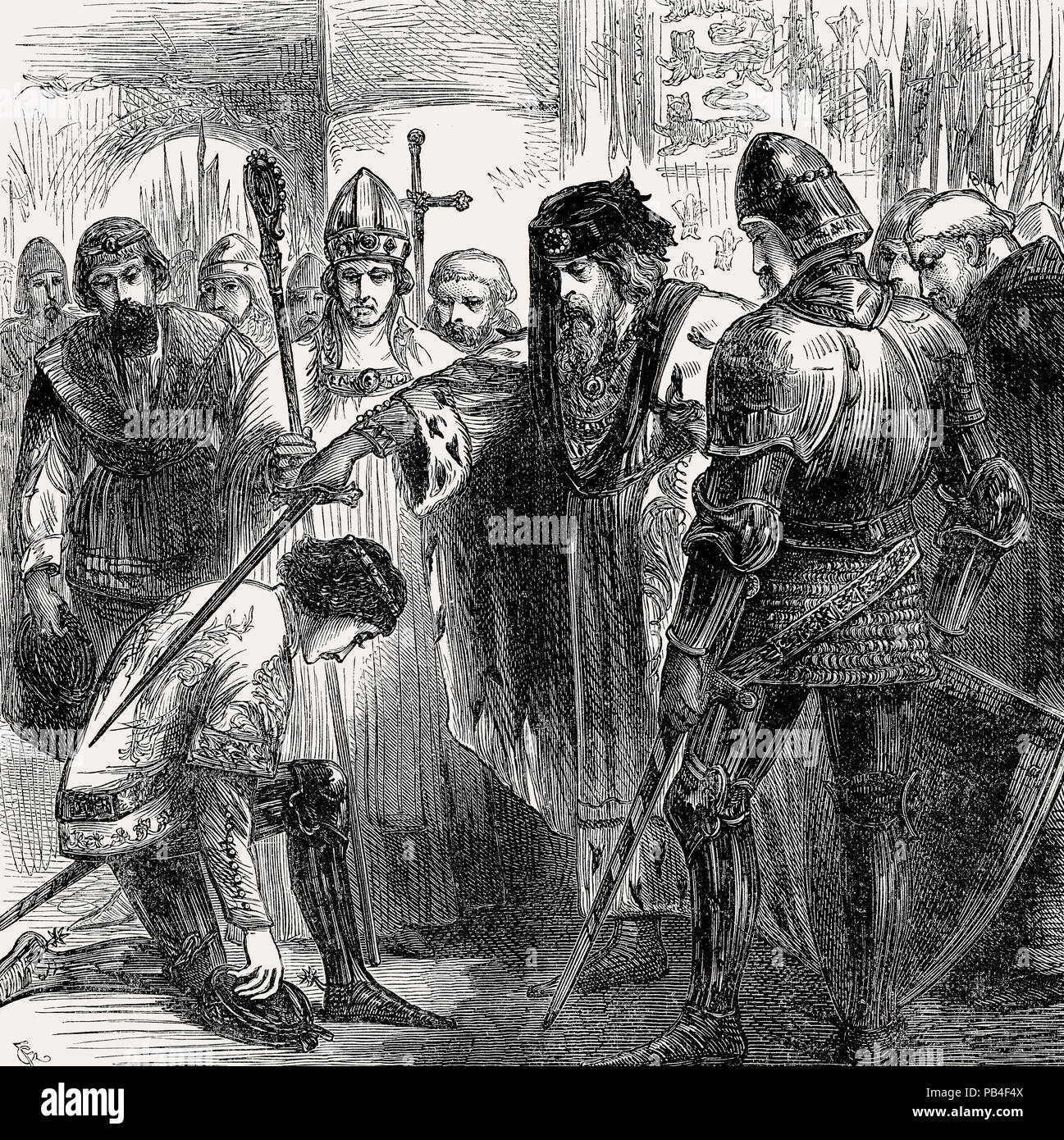 Le roi Édouard III knighting Edward de Woodstock, le Prince Noir en 1346, de la bataille sur terre et mer, par James Grant Banque D'Images