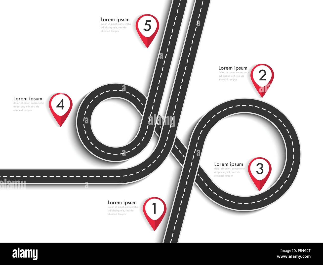 Road Trip et parcours. Route sinueuse sur un fond blanc avec un pin ...