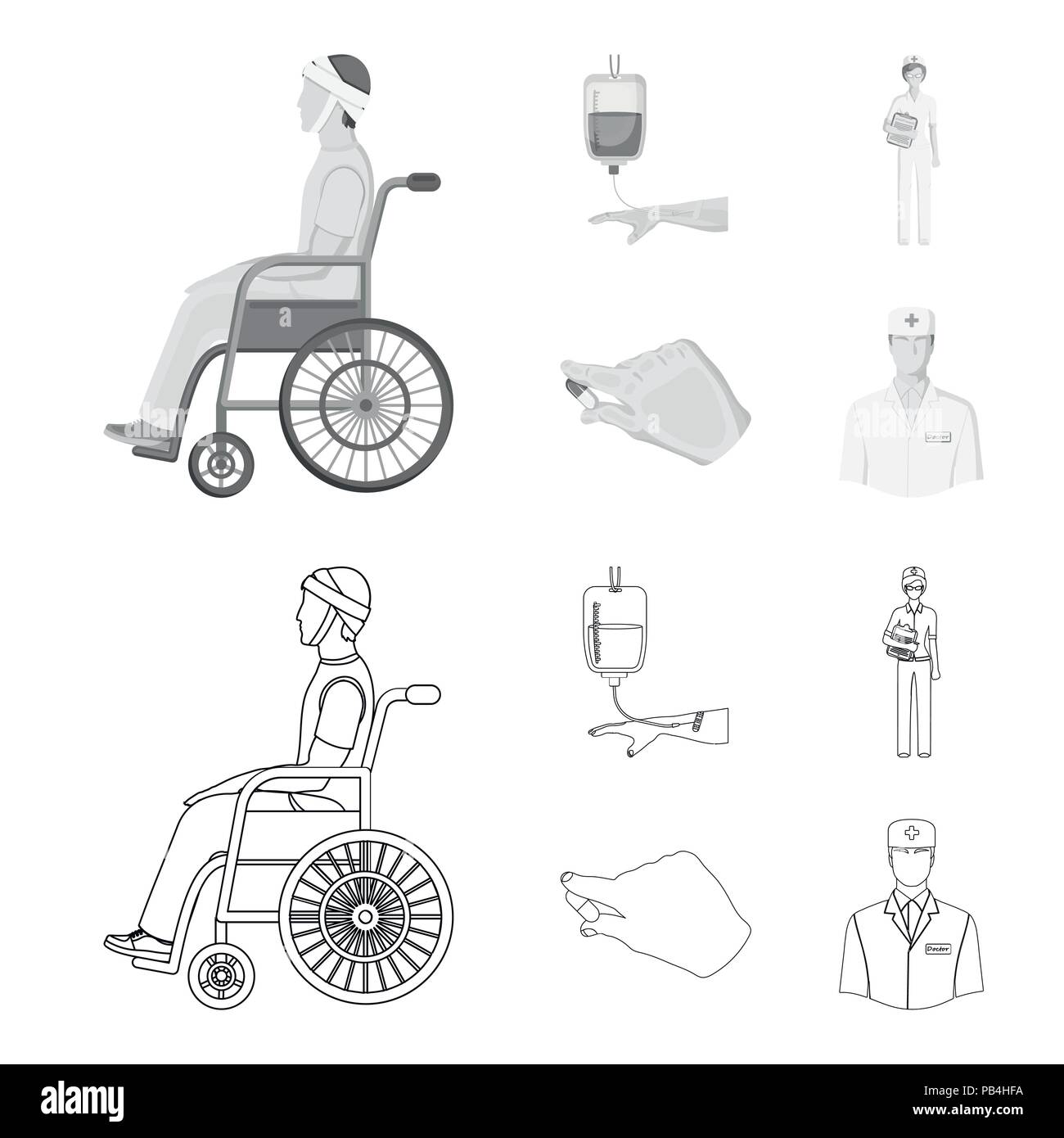 Incorrect avec trauma, transfusion sanguine, médecin, médicaments dans les mains d'un médecin. Collection d'icônes dans Medicineset,contour vectoriel style monochrome s Illustration de Vecteur