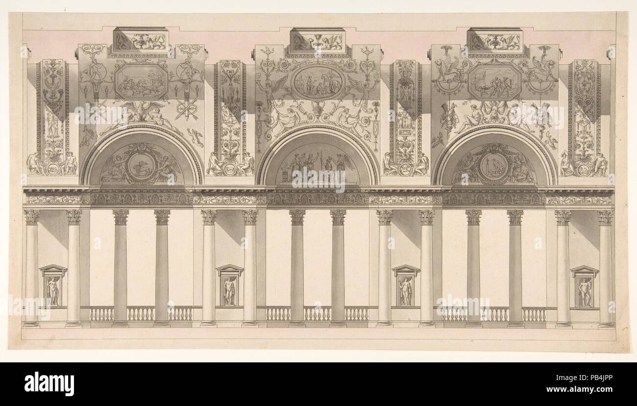 Section d'une 'Galerie dans le palais d'un souverain'. Artiste : Charles Pierre Joseph Normand (Français, Goyencourt 1765-1840 Paris). Dimensions : 9 3/4 x 17 13/16 in. (24,8 x 45,2 cm). Date : ca. 1791. Musée : Metropolitan Museum of Art, New York, USA. Banque D'Images