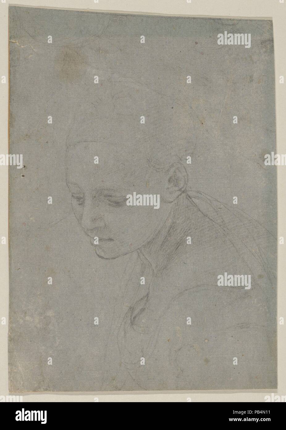 Étude d'une jeune femme de trois-quart. Bust-Length Artiste : Bronzino (Agnolo di Cosimo di Mariano) (Italien, Monticelli 1503-1572 Florence). Fiche Technique : Dimensions : 7 5/8 x 5 5/16 in. (19,4 × 13,5 cm). Date : ca. 1540-42. Les corpus de dessins attribués de manière sécurisée de Bronzino nombres autour soixante-deux, ou si les feuilles. C'est par tous les comptes d'un petit nombre pour un artiste toscan de sa génération. Le Musée a eu la chance d'acquérir ce dessin qui était inconnu jusqu'à sa découverte aux enchères en 2013. C'est une esquisse après un modèle vivant, et appartient à un petit groupe de Bron Banque D'Images