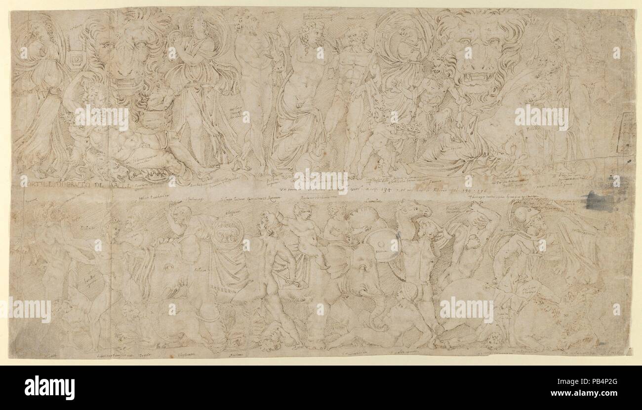 Feuille avec dessins après allégement romaine de décorations d'objets dans la collection du Cardinal Bruto della Valle. Recto : Frises de sarcophages romains avec Dyonisus ; En Relief funéraire de Lucius Antistius et son épouse Sarculo Antistia Plutia. Artiste : Anonyme, Italien, 16ème siècle. Fiche technique : Dimensions : 10 7/8 x 19 7/16 po. (27,7 x 49,3 cm). Date : 1534-1584. Feuille avec dessins après allégement romaine de décorations. Sur le recto, deux frises qui sont représentés. La frise supérieure est identifié comme un sarcophage romain (début 3e siècle) de la collection d'Andrea della Valle. Il montre une scène dionysiaque Banque D'Images