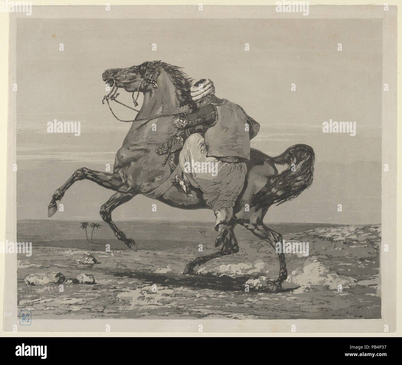Montage Turk son cheval. Artiste : Eugène Delacroix (Français, Charenton-Saint-Maurice 1798-1863 Paris). Dimensions : Image : 8 9/16 × 10 3/8 in. (21,8 × 26,4 cm) Feuille : 9 × 5/16 11 3/16 po. (23,6 × 28,4 cm). Date : 1824. Musée : Metropolitan Museum of Art, New York, USA. Banque D'Images