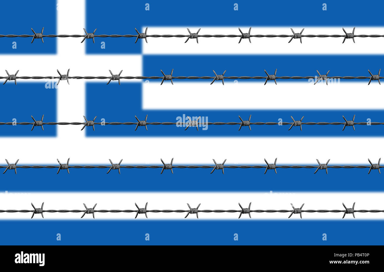 Des barbelés à l'avant. Drapeau grec derrière. Banque D'Images