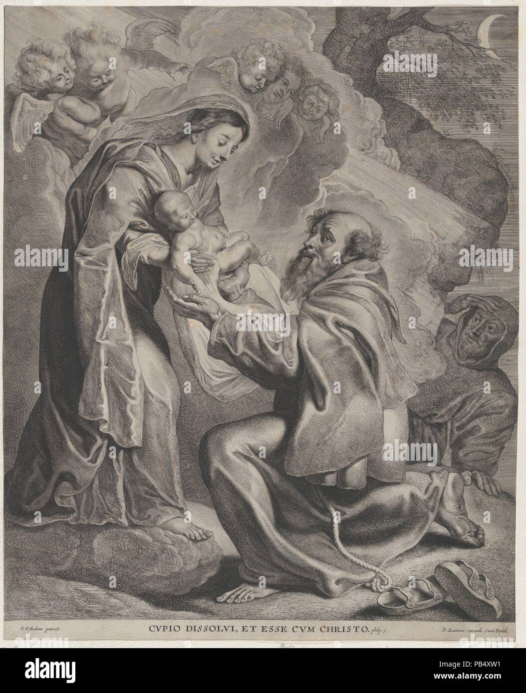 La Vision de Saint François, à genoux à droite, la réception de l'enfant Jésus de la Vierge Marie. Artiste : Après Peter Paul Rubens (Siegen, flamand 1577-1640 Anvers) ; Cornelis Visscher (Néerlandais, Haarlem ( ?) 1629-1658 Amsterdam). Fiche Technique Dimensions : (découpés) : 17 1/8 × 13 13/16 in. (43,5 × 35,1 cm). Editeur : Pieter Soutman (Néerlandais, ca. 1580-1657). Date : 1650. Musée : Metropolitan Museum of Art, New York, USA. Banque D'Images