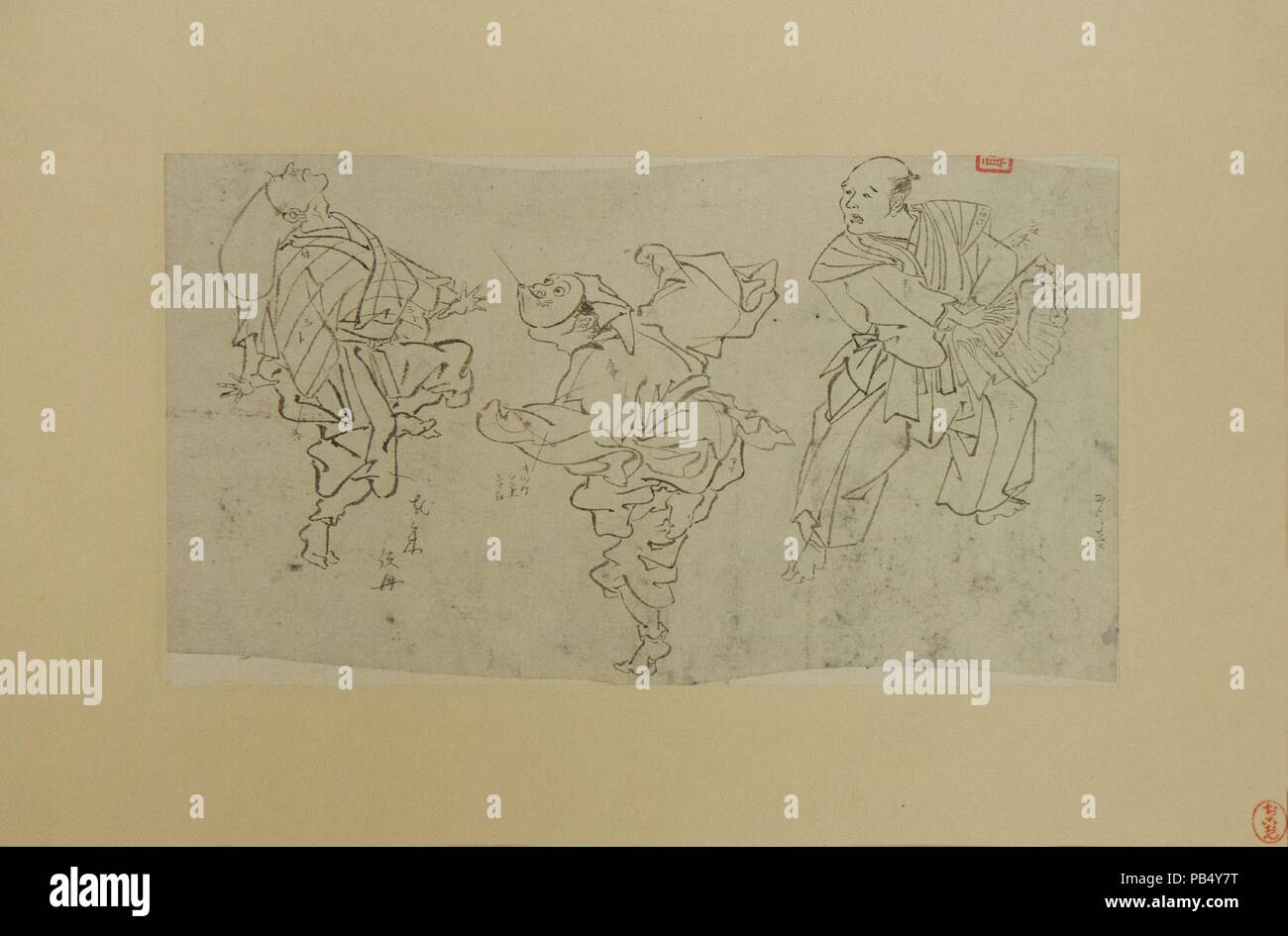 Le Kyogen trois danseurs. Artiste : Kawanabe Kyosai (japonais, 1831-1889). Culture : le Japon. Dimensions : 6 x 10 1/4 in. (15,2 x 26 cm). Date : fin du xixe siècle. Cela semble être un dessin préliminaire par Kyosai pour une peinture de kyogen (humour) spectaculaire des performances. Les annotations sont aussi dans la main de l'artiste, donner des instructions comment mettre de la couleur ou de terminer les dessins. Le sceau partiel dans le coin supérieur droit est celui de son élève, Yasokichi Mano Kyotei (1874/5-1937) qui l'a aidé dans de nombreux projets et a hérité de nombreux Kyosai dessins. Musée : Metropolitan Museum of Art, New York, USA. Banque D'Images