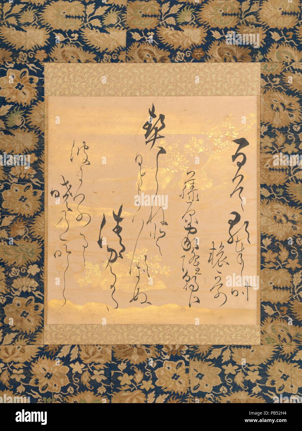 Poème de Fujiwara no Ietaka (1158-1237) sur papier décoré avec Bush Clover. Artiste : Ogata Soken (japonais, 1621-1687). Culture : le Japon. Dimensions : Image : 8 3/8 × 7 5/8 in. (21,2 × 19,4 cm) dans l'ensemble avec support de montage (B) : 1/4 × 11 38 15/16 in. (97,2 × 30,4 cm) dans l'ensemble avec les boutons (B) : 38 1/4 x 13 7/8 in. (97,2 × 35,3 cm). Date : milieu à la fin du 17ème siècle. Ogata Soken a été descendant d'une famille de marchands de Kyoto avec les clients parmi l'aristocratie de la capitale. Bien qu'il a suivi une formation et obtenu des compétences dans les styles traditionnels de la peinture japonaise et de la calligraphie, il est surtout connu pour siring Korin et Kenzan, deux o Banque D'Images