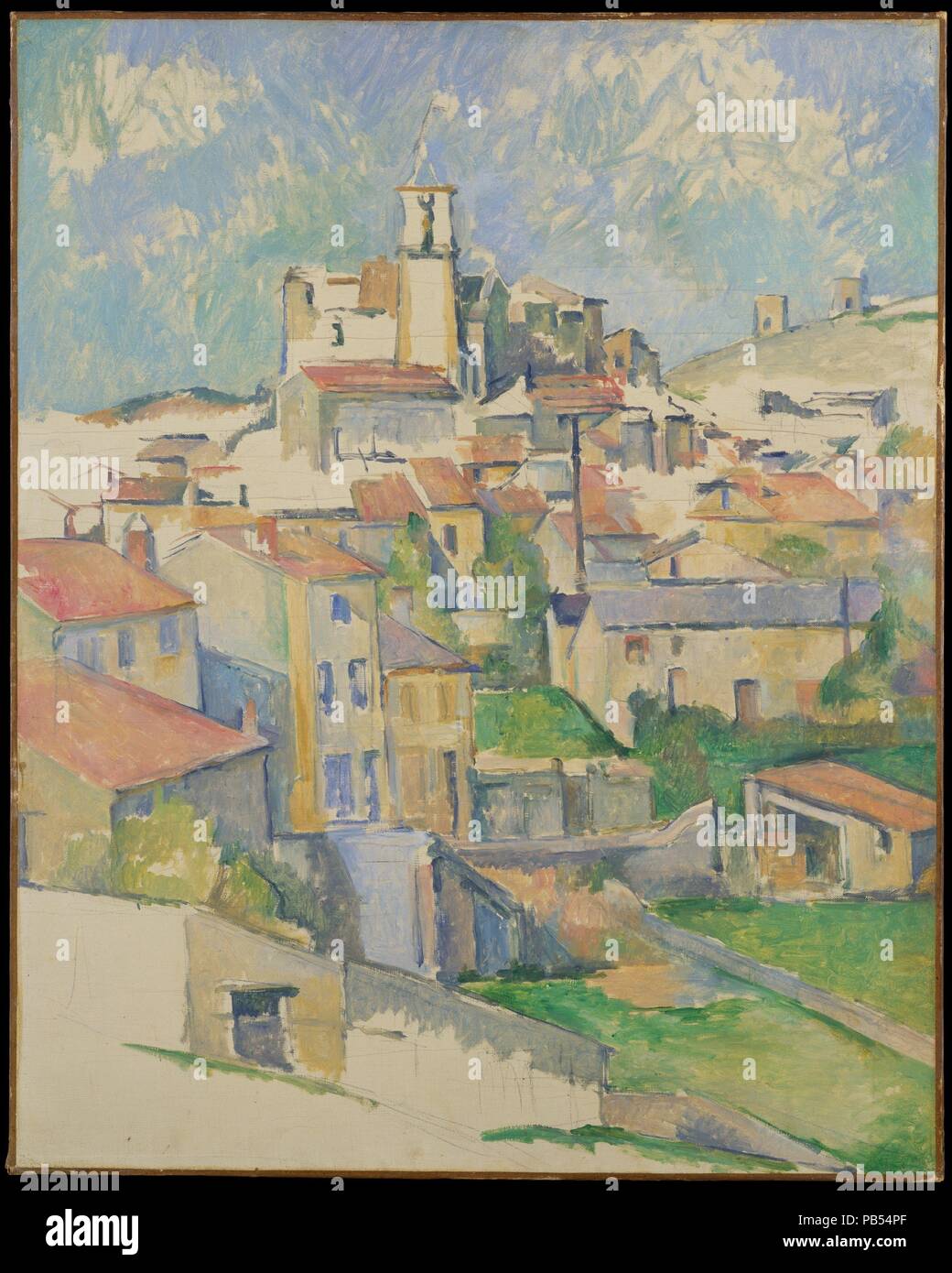 Gardanne. Artiste : Paul Cézanne (Français, Aix-en-Provence 1839-1906 Aix-en-Provence). Dimensions : 31 1/2 x 25 1/4 in. (80 x 64,1 cm). Date : 1885-1886. C'est l'une des trois vues de Gardanne, une colline près de la ville de Aix-en-Provence où Cézanne a travaillé à partir de l'été 1885 au printemps 1886. Le clocher de l'église locale couronne l'ensemble de bâtiments aux toits rouges qui anime les terrains en pente. Facettes et géométriques, les structures d'anticiper le début du xxe siècle, le Cubisme. Musée : Metropolitan Museum of Art, New York, USA. Banque D'Images