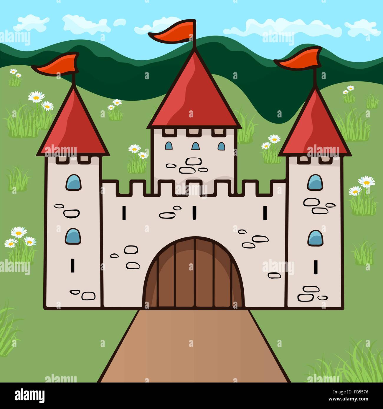 Chateau D Illustration Vectorielle De Dessin Anime Beige En Pierre Appelee Palace Avec Trois Tours Avec Portes Domes Rouges Et Des Drapeaux Sur Un Fond De Vert Image Vectorielle Stock Alamy