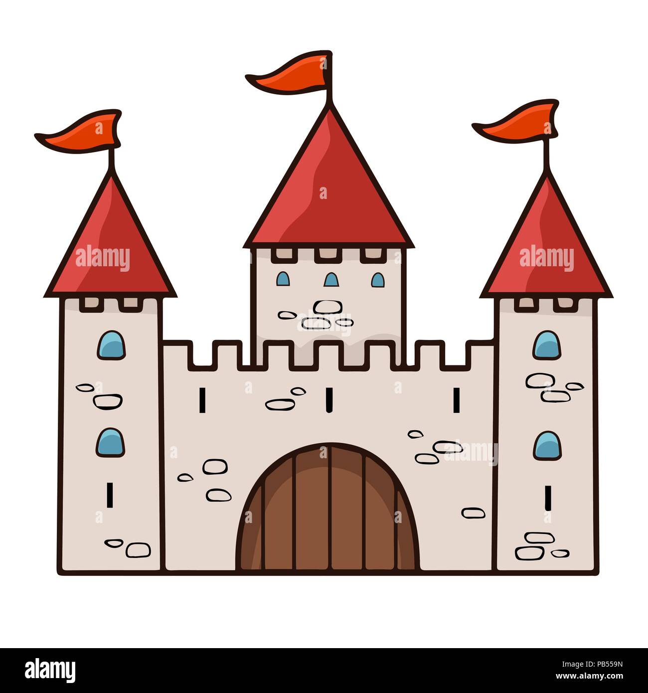 Château d'illustration vectorielle, de dessin animé. Beige en pierre appelée palace avec trois tours avec portes, dômes rouges et des drapeaux isolé sur fond blanc, Illustration de Vecteur