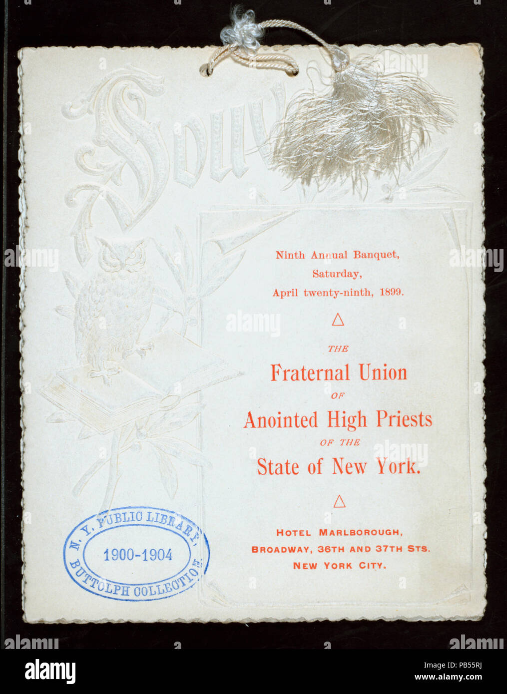 1103 9e banquet annuel (détenu par) L'UNION FRATERNELLE DES GRANDS PRÊTRES OINTS DE L'ÉTAT DE NEW YORK (at) "hôtel Marlborough, Broadway et la 36e Rue, NEW YORK, NY" (hôtel ;) (NYPL Hadès-271639-467799) Banque D'Images