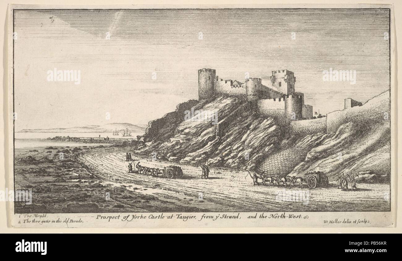 Perspective d'Yorke Château à Tanger, de ye Strand, et le nord-ouest.  Wenceslaus Hollar : artiste bohème, Prague 1607-1677 (Londres). Fiche  Technique : Dimensions : 15/16 4 × 8 9/16 in. (12,6 ×