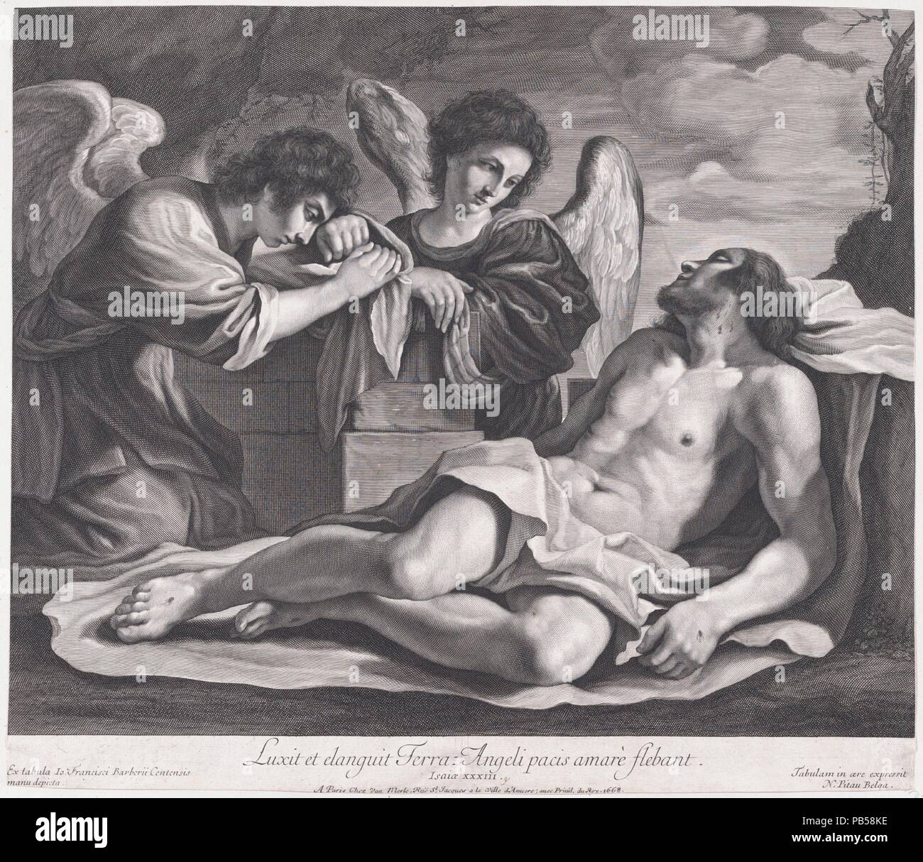 Anges endeuillé par la mort du Christ. Artiste : Après le Guerchin (Giovanni Francesco Barbieri), Italien (1591-1666) ; Bologne Cento Nicolas Pitau (français, Paris avant 1670-1724). Montage : 15 Dimensions : 15/16 x 21 in. (40,5 × 53,4 cm) feuille : 15 × 17 3/8 11/16 in. (39 × 45 cm). Editeur : Theodor van Merlen II (1609-1672), Anvers Anvers. Date : ca. 1690-1720. Musée : Metropolitan Museum of Art, New York, USA. Banque D'Images