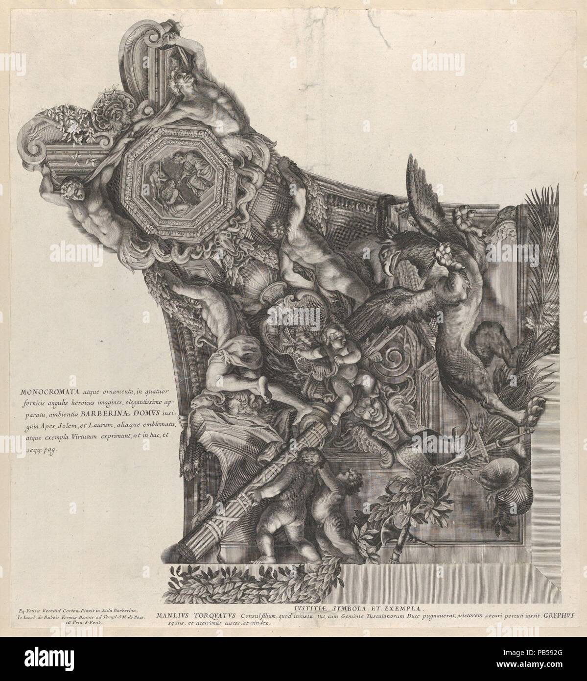 7 : plaque d'allégorie de la Justice avec Griffin de Manlius Toquatus Barberinae aulae, du fornix. Artiste : Anonyme, Italien, 17e siècle ; après Pietro da Cortona (Pietro Berrettini) italien (1596-1669), Cortona Rome. Dédicataire : Gaspar de Guzmán, comte d'Olivares et duc de Sanlucar (Espagnol, 1587-1645). Dimensions : Support : 15 7/8 po. × 21 3/8 in. (40,3 × 54,3 cm) feuille : 15 1/2 × 14 3/16 po. (39,3 × 36 cm). Editeur : Giovanni Giacomo De Rossi (Italien, Rome Rome 1627-1691). Series/Barberinae aulae : Portefeuille fornix. Date : ca. 1677. Cette impression est d'une série de plaques cousues lâchement togethe Banque D'Images