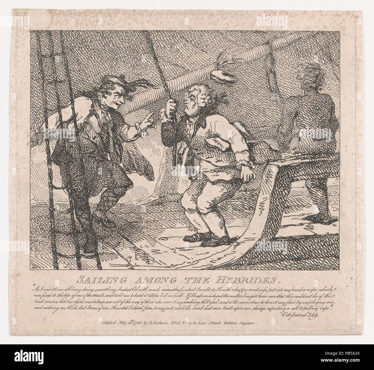 Navigation parmi les Hébrides (beautés pittoresques de Boswell, la deuxième partie). Artiste : Thomas ROWLANDSON (britannique, Londres 1757-1827 Londres) ; Après Samuel Collings (britannique, active 1784-95). Fiche Technique : Dimensions : 10 × 11 3/8 3/16 in. (26,3 × 28,4 cm) Plaque : 9 15/16 × 10 3/4 in. (25,3 × 27,3 cm). Editeur : E. Jackson (Londres). Series/Portfolio : beautés pittoresques de Boswell. Sujet : James Boswell (British, Édimbourg, Écosse 1740-1795) ; Samuel Johnson (British, Lichfield Staffordshire, 1709-1784 Londres). Date : 10 Juin, 1786. Musée : Metropolitan Museum of Art, New York, USA. Banque D'Images