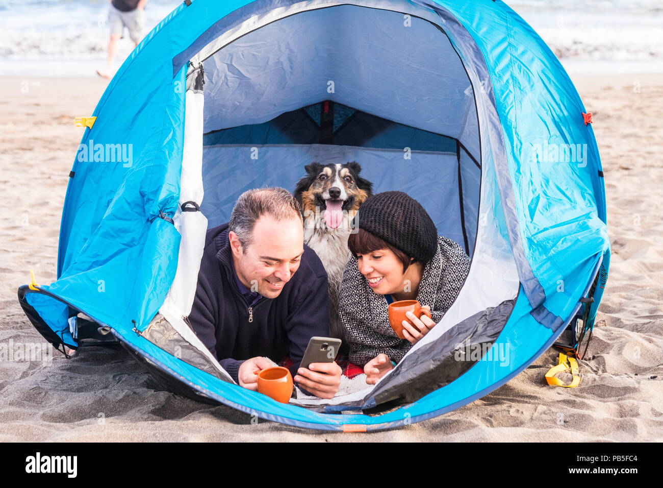 Couple le téléphone intelligent et avoir du plaisir à l'intérieur d'une tente dans un camping sur la plage chien border collie derrière eux regardant la caméra. Banque D'Images
