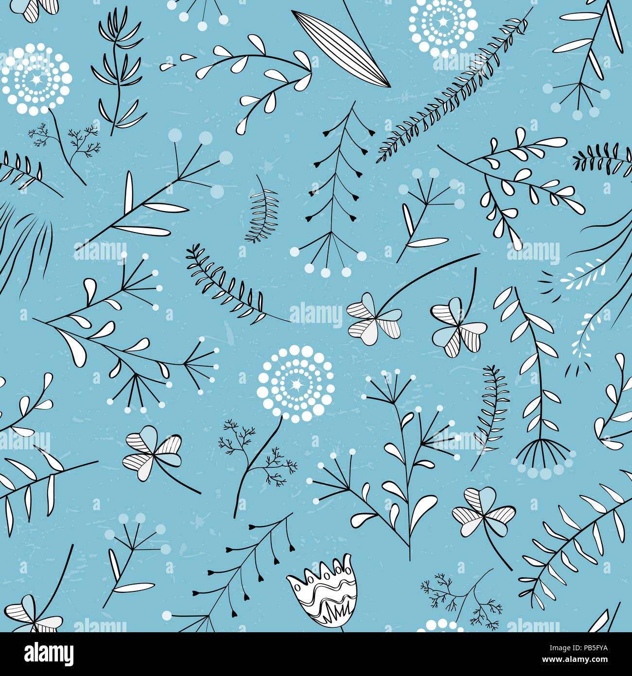 Vector Floral seamless pattern avec les herbes sauvages, les fleurs et les feuilles. Vintage blue fond botanique. Hnad appelée vecteur plantes Illustration de Vecteur