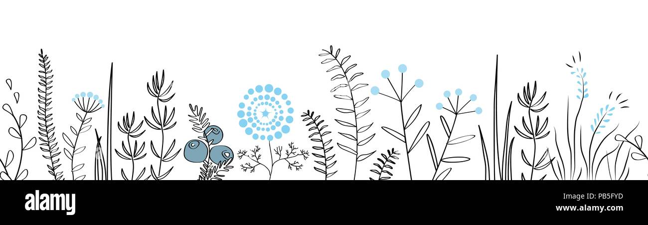 Vector frontière perméable avec la forêt et les plantes de prairie. Hand drawn doodle pour les trames de fond, scotch décoratif, des affiches, des illustrations pour les enfants. Illustration de Vecteur