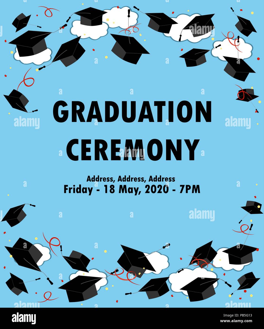 L'affiche de l'obtention du diplôme ou de l'image. Lancer l'obtention du diplôme dans le ciel des chapeaux. place pour le texte. Vector illustration Illustration de Vecteur