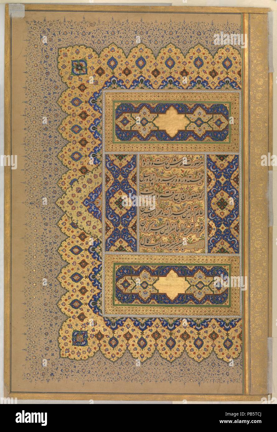 À partir de la 'Unwan Shah Jahan Album. Calligraphe : Mir 'Ali (Haravi d. ca. 1550). Dimensions : H. 15 1/4 in. (38,7 cm) W. de 10 3/8 in. (26,4 cm). Date : recto : ca. 1630-40 ; Verso : ca. 1540. Un manuscrit ouvert souvent avec un 'unwan, un somptueux double-page cadrage composition des colonnes de texte. Pour commencer ce texte à partir de l'album imperial, un traité sur la calligraphie par Mir 'Ali, le célèbre penman du début xvie siècle cour timouride de Herat, a été collé sur un folio et décoré avec plusieurs frontières de somptueuses de l'éclairage. L'écriture elle-même est entourée de bracketeer bulles, autour de qui min Banque D'Images