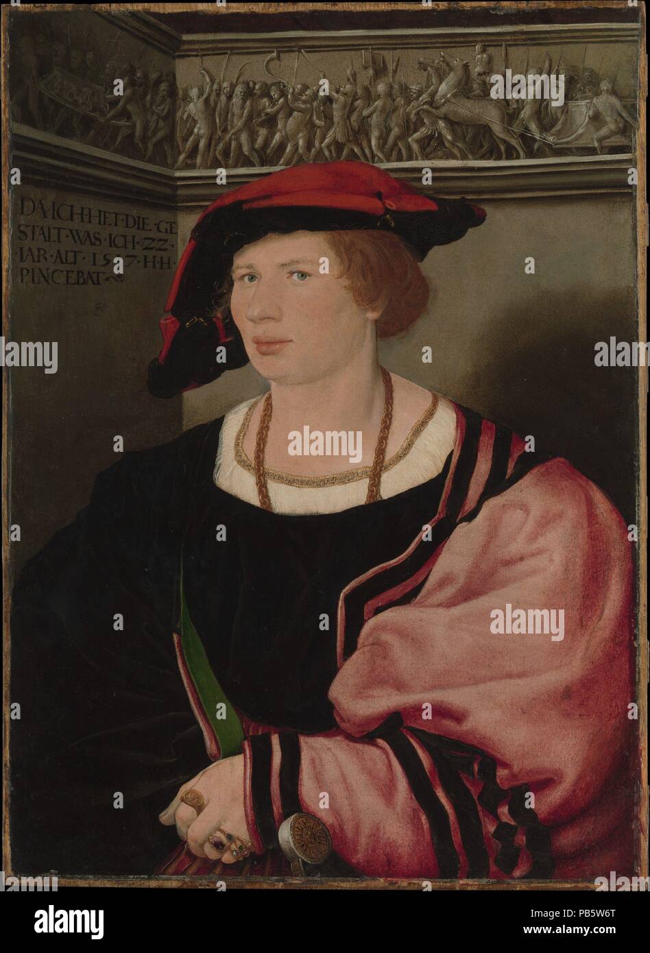 Benedikt von Hertenstein (né vers 1495, décédé 1522). Artiste : Hans Holbein le Jeune (allemand, Augsbourg 1497/98-1543 London). Dimensions : Hors tout 20 1/2 x 15 in. (52,4 x 38,1 cm) ; surface peinte 20 3/8 x 14 5/8 in. (51,4 x 37,1 cm). Date : 1517. En 1517, Holbein décoré la chambre de l'instruction de Lucerne Jacob von Hertenstein. En même temps, il a fait ce portrait du magistrat, le fils aîné, Benedikt, qui engage le spectateur à la fois avec son regard direct et l'inscription, qui se lit comme si il parle : "Quand j'était comme ça j'avais vingt-deux ans.' directement à la suite de ces w Banque D'Images