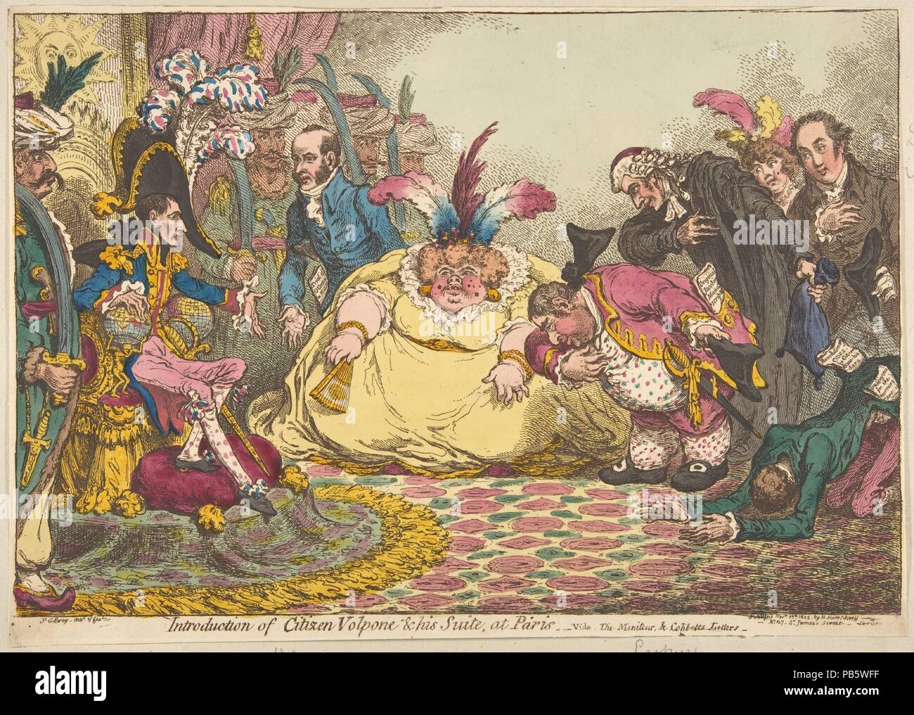 Introduction de Volpone citoyen & sa suite, à Paris.-vide, le Moniteur, & Cobbetts lettres. Artiste : James Gillray (britannique, Chelsea 1756-1815 Londres). Fiche technique : Dimensions : 9 x 14 13/16 in. (25 x 35,6 cm). Editeur : Hannah Humphrey (Londres). Date : 15 Novembre, 1802. Musée : Metropolitan Museum of Art, New York, USA. Banque D'Images