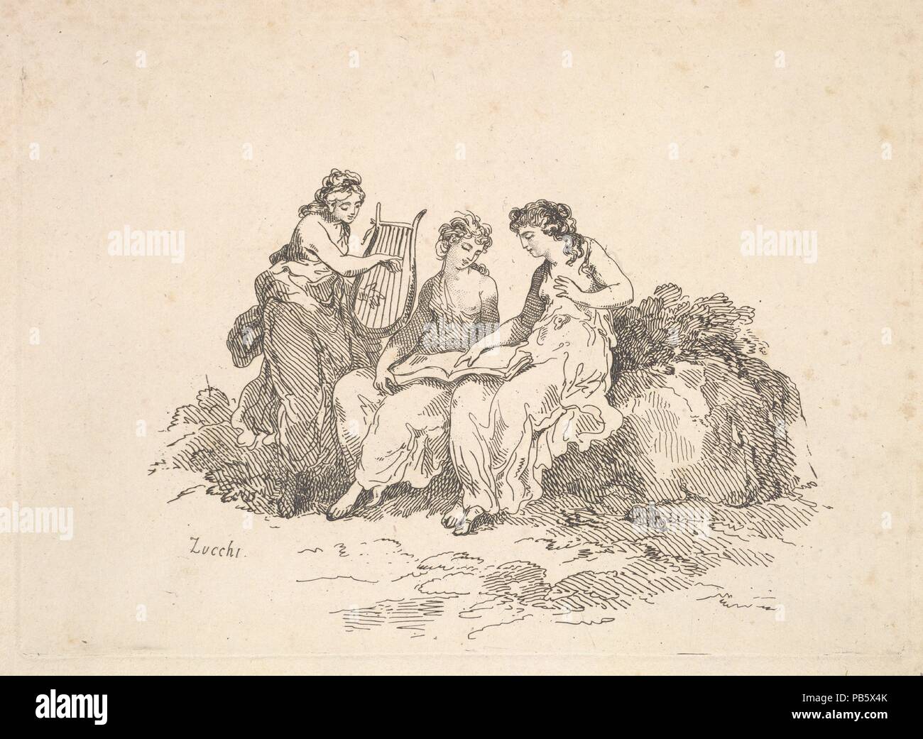 Harmonie - Deux nymphes chanter, une autre lecture d'une lyre. Artiste : Après Antonio Zucchi (Venise, Italie Rome 1726-1796) ( ?). Dimensions : 7 x 9 Plaque : 13/16 in. (17,8 x 25 cm) Fiche technique : 18 1/2 x 12 3/8 in. (47 x 31,5 cm). Graveur : Thomas ROWLANDSON (britannique, Londres 1757-1827 Londres). Publié dans : Londres. Series/portefeuille : imitations de dessins modernes. Date : 1784-88. Musée : Metropolitan Museum of Art, New York, USA. Banque D'Images