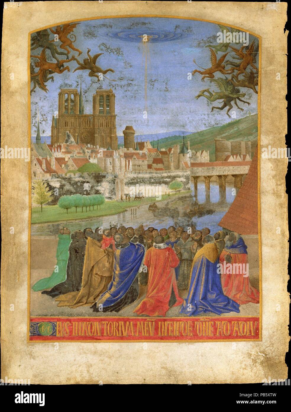 La droite de Dieu de protéger les fidèles contre les démons. Artiste : Jean Fouquet (Français, Tours ca. 1425-ca. 1478 tours). Dimensions : feuilles : 7 3/4 x 5 5/8 in. (19,4 x 14,6 cm). Date : ca. 1452-1460. Les "heures d'Étienne Chevalier' est l'un des plus célèbres et richement enluminés du xve siècle. Il a été peint pour le trésorier de France par Jean Fouquet, artiste à la cour des rois Charles VII et Louis XI, qui a travaillé non seulement comme un miniaturiste mais aussi comme un groupe de peintre. La miniature Lehman décore la page qui contient les premiers mots de la prière du soir (vesp Banque D'Images